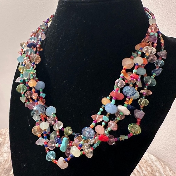 3x25* Multicolor 5 Strand Beaded Gemstone & Glass Beads Chocker Necklace Vibrant - Picture 5 of 16